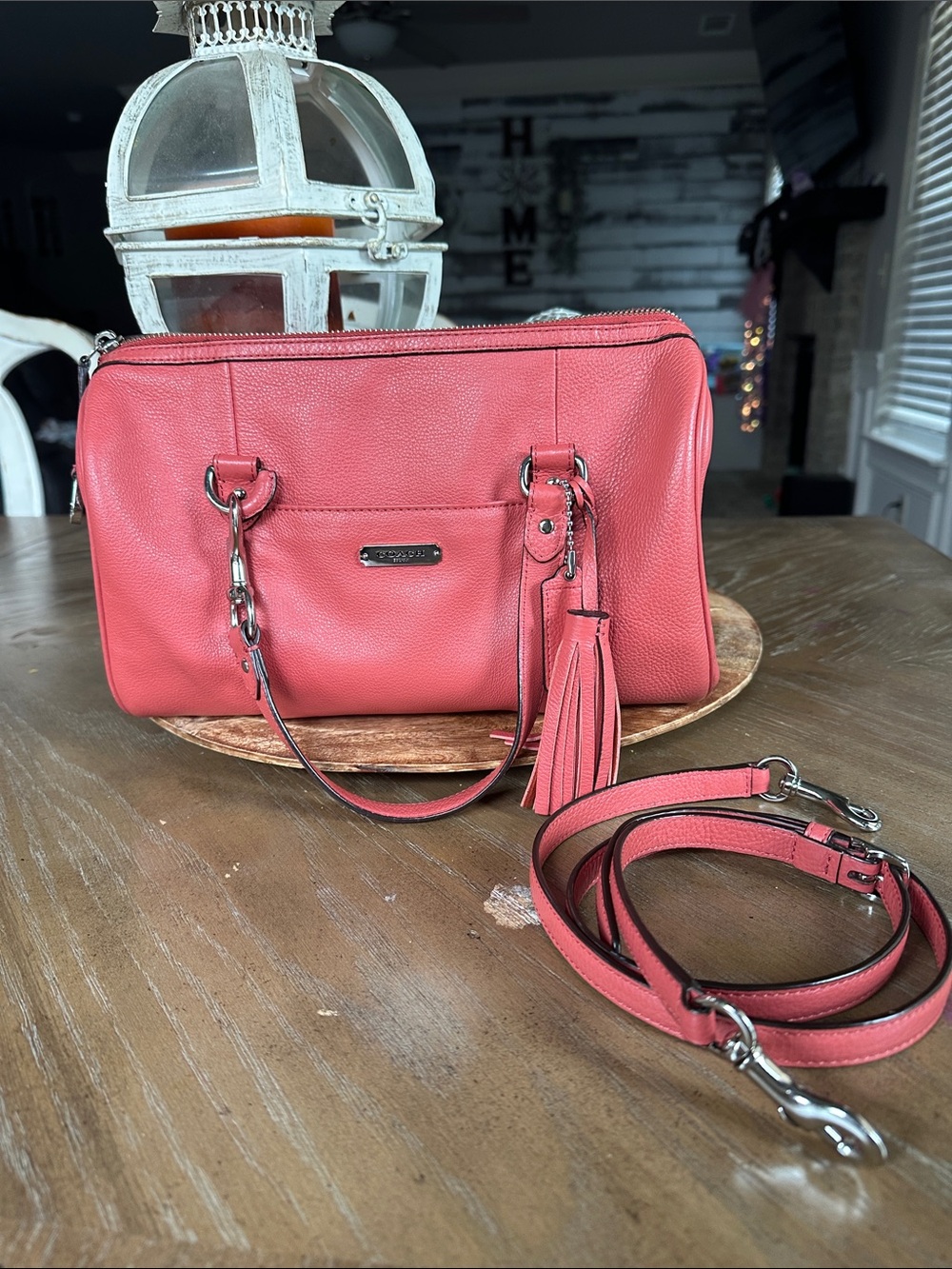 Coach Coral Pink Pebbled Leather Crossbody Satchel with Tassel